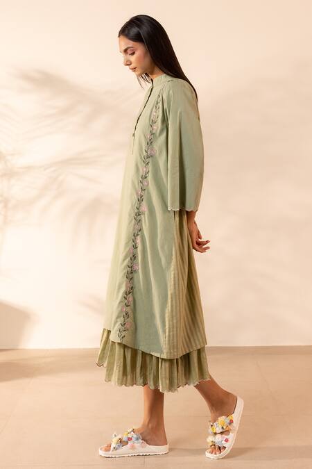 Ourdve_Green Cotton Embroidery Mandarin Collar Bloomberry Floral Tunic With Dress _Online_at_Aza_Fashions