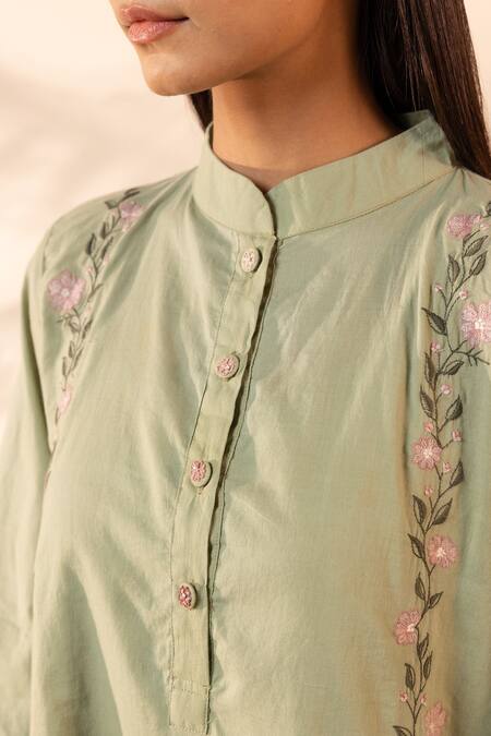 Shop_Ourdve_Green Cotton Embroidery Mandarin Collar Bloomberry Floral Tunic With Dress _Online_at_Aza_Fashions