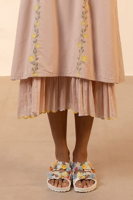 Buy_Ourdve_Pink Cotton Embroidery Mandarin Collar Bloomberry Tunic With Tiered Dress _Online_at_Aza_Fashions