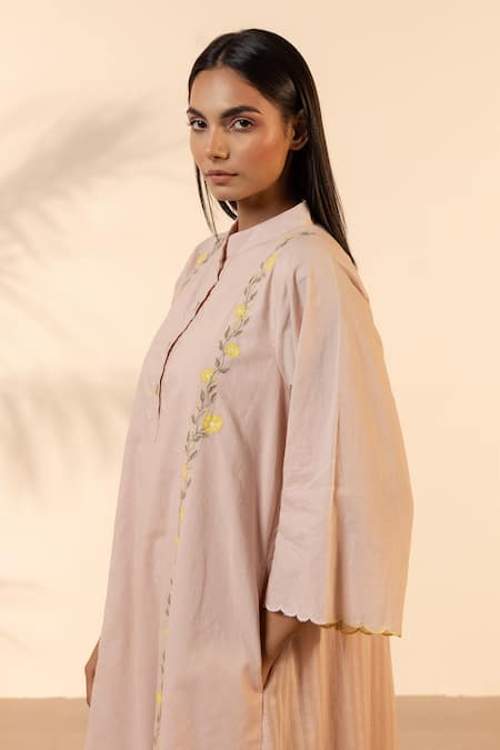 Ourdve_Pink Cotton Embroidery Mandarin Collar Bloomberry Tunic With Tiered Dress _at_Aza_Fashions
