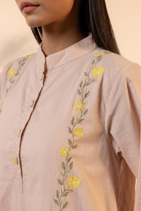 Buy_Ourdve_Pink Cotton Embroidery Mandarin Collar Bloomberry Tunic With Tiered Dress 