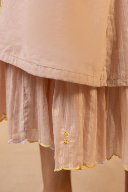 Shop_Ourdve_Pink Cotton Embroidery Mandarin Collar Bloomberry Tunic With Tiered Dress 