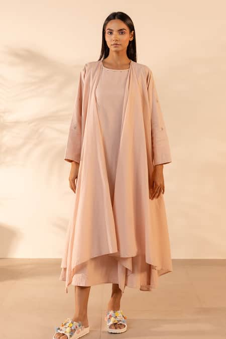 Buy_Ourdve_Pink Cotton Embroidery Round Neck Saffron Sky Layered Dress _Online_at_Aza_Fashions