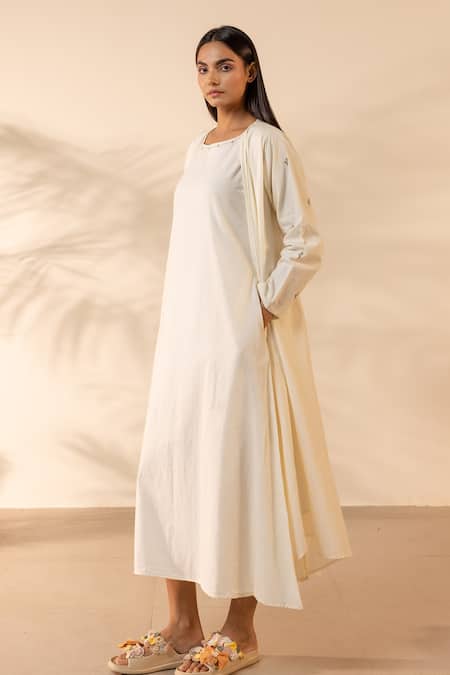 Ourdve Saffron Sky Embroidered Cotton Dress 