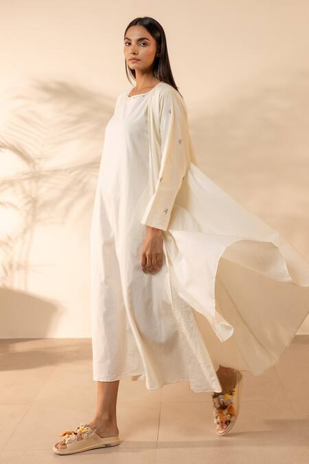 Ourdve Beige Cotton Embroidery Round Neck Saffron Sky Dress at Aza Fashions Ourdve_Beige Cotton Embroidery Round Neck Saffron Sky Dress _at_Aza_Fashions