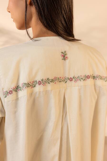 Buy Ourdve Beige Cotton Embroidery Round Neck Saffron Sky Dress Buy_Ourdve_Beige Cotton Embroidery Round Neck Saffron Sky Dress