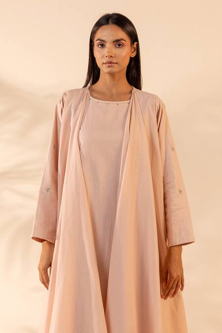 Ourdve_Pink Cotton Embroidery Round , Open Saffron Sky Dress With Shrug _Online_at_Aza_Fashions