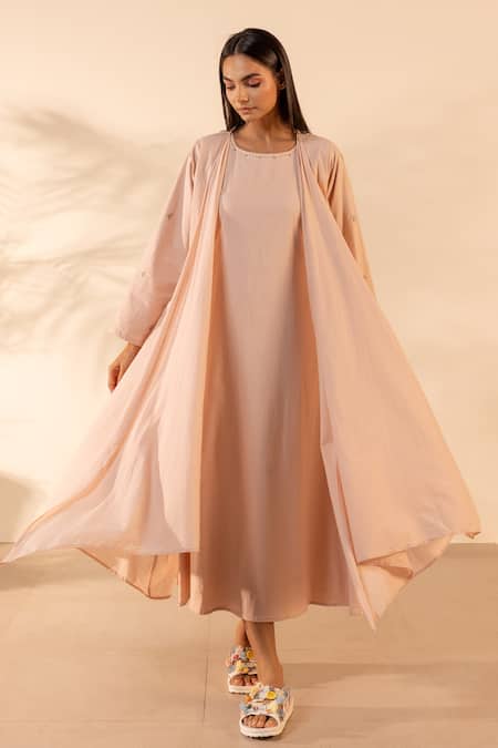 Buy_Ourdve_Pink Cotton Embroidery Round , Open Saffron Sky Dress With Shrug _Online_at_Aza_Fashions