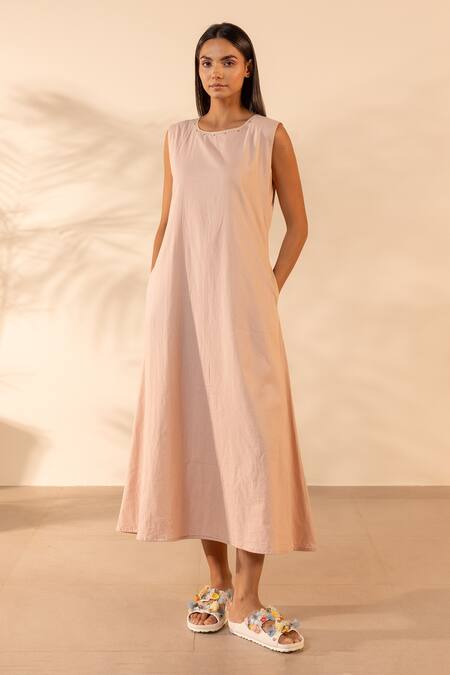 Shop_Ourdve_Pink Cotton Embroidery Round , Open Saffron Sky Dress With Shrug _Online_at_Aza_Fashions