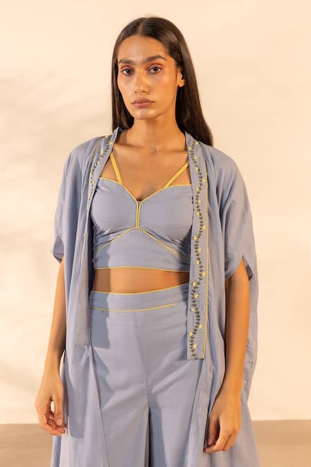 Buy_Ourdve_Blue Cotton Embroidery Open Neck Zinnia Shrug _Online_at_Aza_Fashions