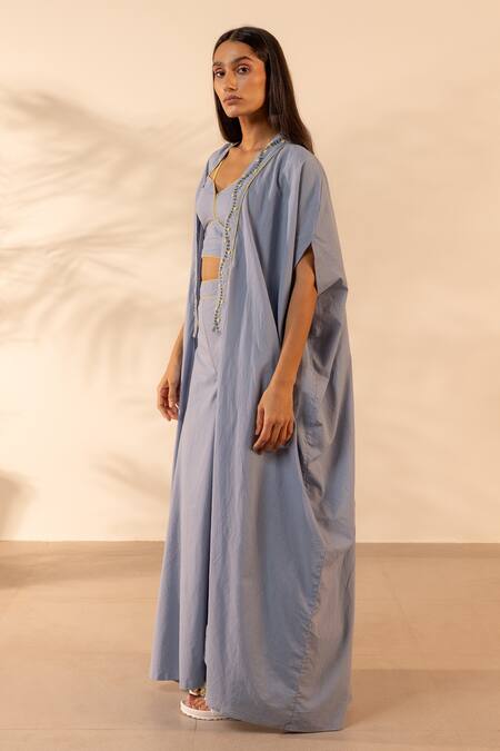 Shop_Ourdve_Blue Cotton Embroidery Open Neck Zinnia Shrug _Online_at_Aza_Fashions