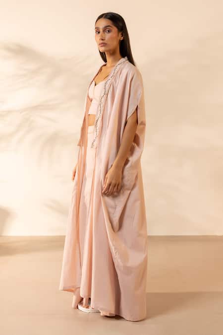 Ourdve Pink Cotton Embroidery Open Neck Zinnia Shrug And Pant Set Online at Aza Fashions Ourdve_Pink Cotton Embroidery Open Neck Zinnia Shrug And Pant Set _Online_at_Aza_Fashions