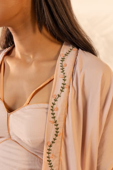Shop Ourdve Pink Cotton Embroidery Open Neck Zinnia Shrug And Pant Set Shop_Ourdve_Pink Cotton Embroidery Open Neck Zinnia Shrug And Pant Set