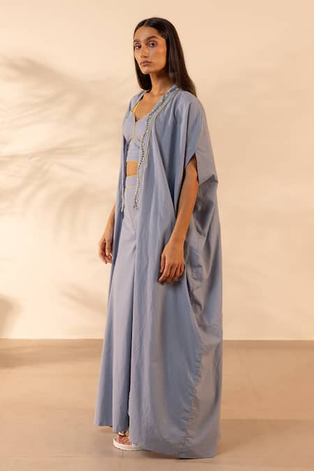 Ourdve_Blue Cotton Embroidery Open Neck Zinnia Shrug And Wide Legged Pant Set _Online_at_Aza_Fashions