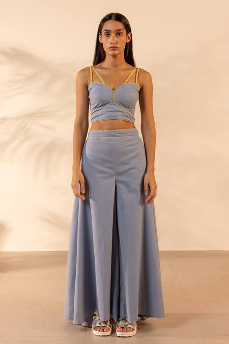 Buy_Ourdve_Blue Cotton Embroidery Open Neck Zinnia Shrug And Wide Legged Pant Set _Online_at_Aza_Fashions