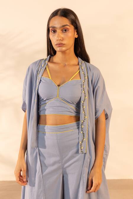 Ourdve_Blue Cotton Embroidery Open Neck Zinnia Shrug And Wide Legged Pant Set _at_Aza_Fashions