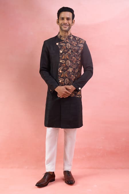Buy_Arihant Rai Sinha_Black Jacquard, Polyester, Viscose Floral Sherwani And Pant Set _Online_at_Aza_Fashions