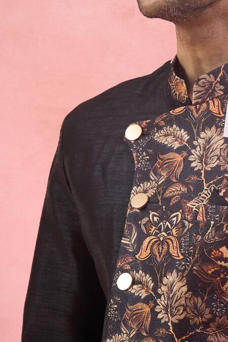 Arihant Rai Sinha_Black Jacquard, Polyester, Viscose Floral Sherwani And Pant Set _at_Aza_Fashions