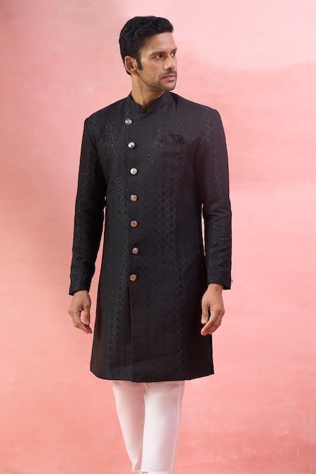 Buy Arihant Rai Sinha Black Jacquard, Viscose, Polyester Embroidery Sherwani And Polo Pant Set Online at Aza Fashions Buy_Arihant Rai Sinha_Black Jacquard, Viscose, Polyester Embroidery Sherwani And Polo Pant Set _Online_at_Aza_Fashions