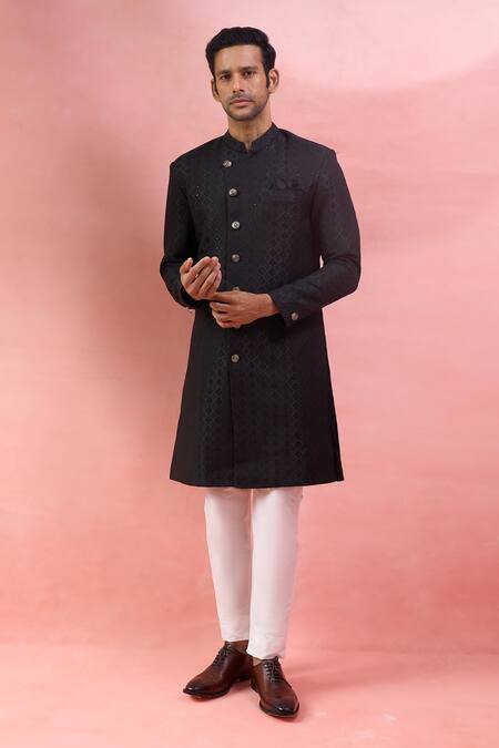 Shop Arihant Rai Sinha Black Jacquard, Viscose, Polyester Embroidery Sherwani And Polo Pant Set Online at Aza Fashions Shop_Arihant Rai Sinha_Black Jacquard, Viscose, Polyester Embroidery Sherwani And Polo Pant Set _Online_at_Aza_Fashions