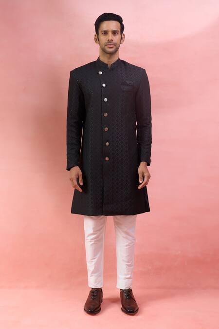 Arihant Rai Sinha Black Jacquard, Viscose, Polyester Embroidery Sherwani And Polo Pant Set at Aza Fashions Arihant Rai Sinha_Black Jacquard, Viscose, Polyester Embroidery Sherwani And Polo Pant Set _at_Aza_Fashions
