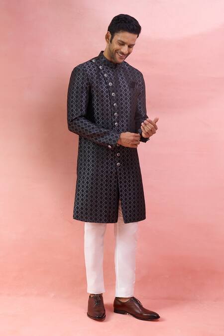 Buy_Arihant Rai Sinha_Black Jacquard, Polyester, Viscose Sherwani And Polo Pant Set _Online_at_Aza_Fashions