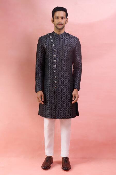 Shop_Arihant Rai Sinha_Black Jacquard, Polyester, Viscose Sherwani And Polo Pant Set _Online_at_Aza_Fashions
