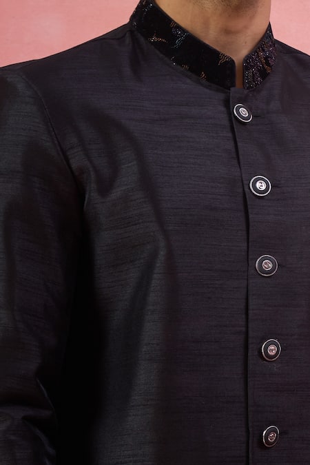 Buy_Arihant Rai Sinha_Black Silk, Polyester, Viscose Embroidery Patta Pattern Sherwani And Pant Set _Online_at_Aza_Fashions