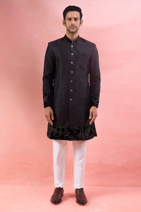 Shop_Arihant Rai Sinha_Black Silk, Polyester, Viscose Embroidery Patta Pattern Sherwani And Pant Set _Online_at_Aza_Fashions