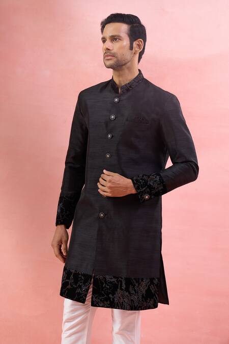 Arihant Rai Sinha_Black Silk, Polyester, Viscose Embroidery Patta Pattern Sherwani And Pant Set _at_Aza_Fashions