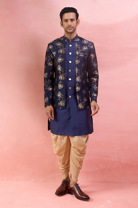 Buy_Arihant Rai Sinha_Blue Silk, Polyester, Viscose Jacquard Jacket Sherwani And Peshawari Pant Set _Online_at_Aza_Fashions