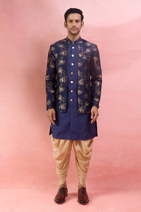 Shop_Arihant Rai Sinha_Blue Silk, Polyester, Viscose Jacquard Jacket Sherwani And Peshawari Pant Set _Online_at_Aza_Fashions