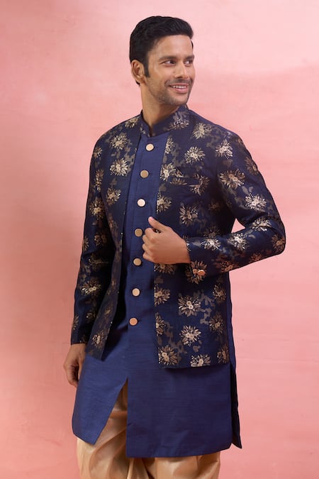 Arihant Rai Sinha_Blue Silk, Polyester, Viscose Jacquard Jacket Sherwani And Peshawari Pant Set _at_Aza_Fashions
