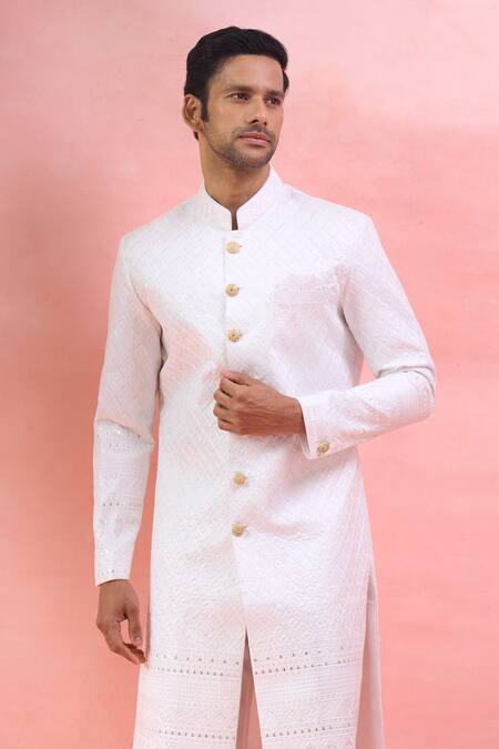Buy_Arihant Rai Sinha_White Silk, Polyester, Viscose Embroidery, Sequins Sherwani And Polo Pant Set _Online_at_Aza_Fashions