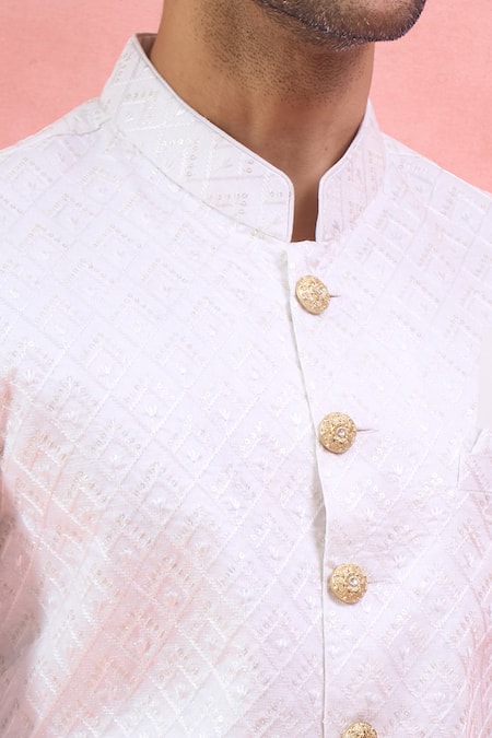 Shop_Arihant Rai Sinha_White Silk, Polyester, Viscose Embroidery, Sequins Sherwani And Polo Pant Set _Online_at_Aza_Fashions