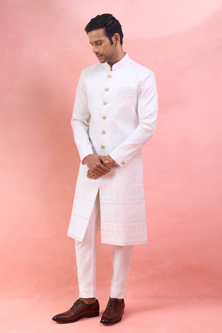 Arihant Rai Sinha_White Silk, Polyester, Viscose Embroidery, Sequins Sherwani And Polo Pant Set _at_Aza_Fashions