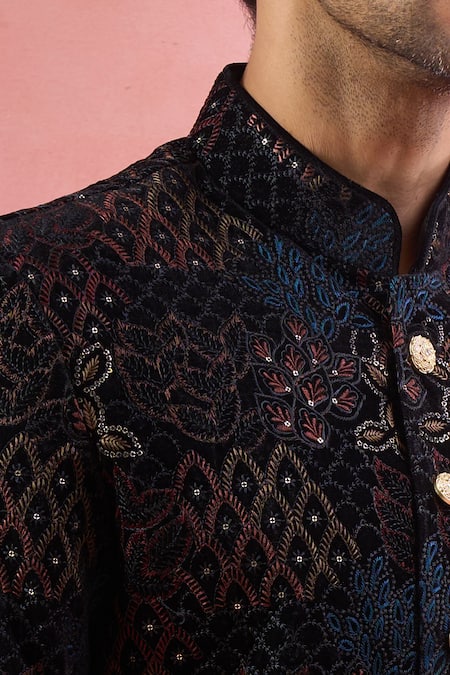 Buy_Arihant Rai Sinha_Black Velvet, Polyester, Viscose Embroidery, Sequins Thread And Sherwani Set _Online_at_Aza_Fashions