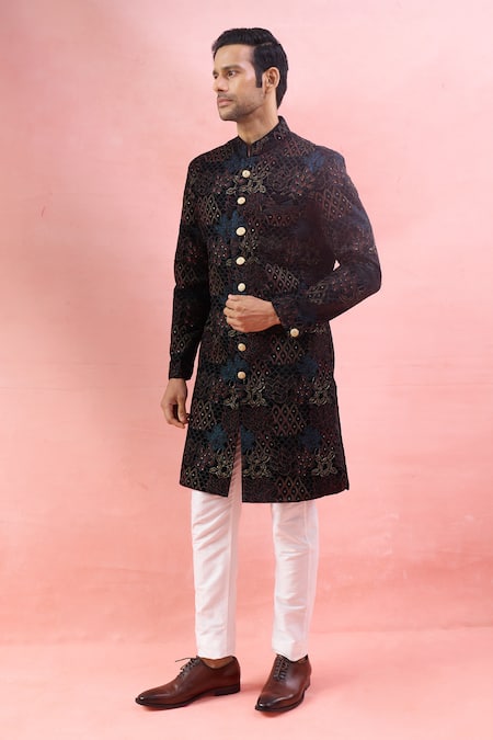 Shop_Arihant Rai Sinha_Black Velvet, Polyester, Viscose Embroidery, Sequins Thread And Sherwani Set _Online_at_Aza_Fashions