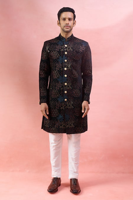Arihant Rai Sinha_Black Velvet, Polyester, Viscose Embroidery, Sequins Thread And Sherwani Set _at_Aza_Fashions