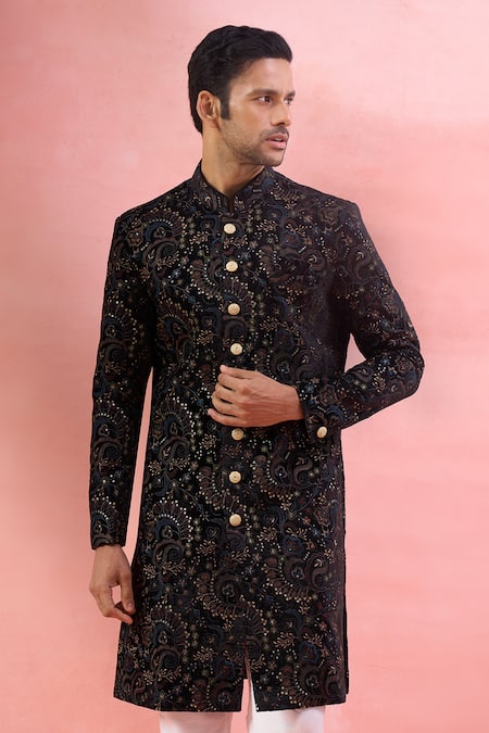 Buy_Arihant Rai Sinha_Black Velvet, Viscose, Polyester Embroidery Paisley Sherwani And Polo Pant Set _Online_at_Aza_Fashions