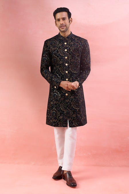 Arihant Rai Sinha Black Velvet, Polyurethane, Viscose Embroidery Paisley Sherwani And Polo Pant Set 