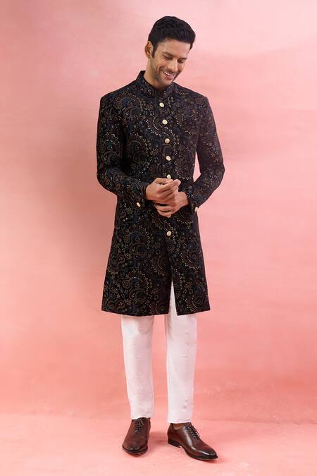 Shop_Arihant Rai Sinha_Black Velvet, Viscose, Polyester Embroidery Paisley Sherwani And Polo Pant Set _Online_at_Aza_Fashions