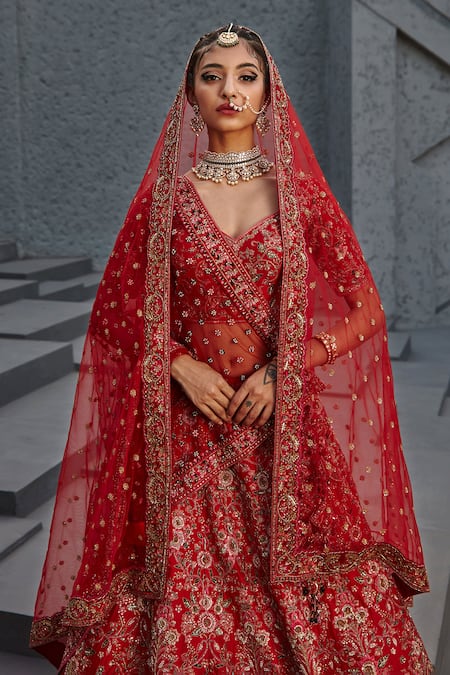 Jigar Mali Red Silk, Net Embroidery, Zari, Sequins V-neck Raw Lehenga Set With Veil Online at Aza Fashions Jigar Mali_Red Silk, Net Embroidery, Zari, Sequins V-neck Raw Lehenga Set With Veil _Online_at_Aza_Fashions