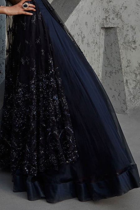 Jigar Mali_Navy Net Embroidery, Sequins Round Neck Anarkali And Lehenga Set _Online_at_Aza_Fashions