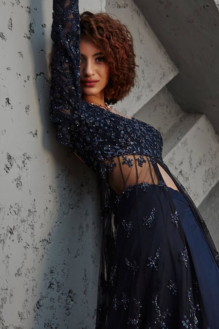Buy_Jigar Mali_Navy Net Embroidery, Sequins Round Neck Anarkali And Lehenga Set _Online_at_Aza_Fashions
