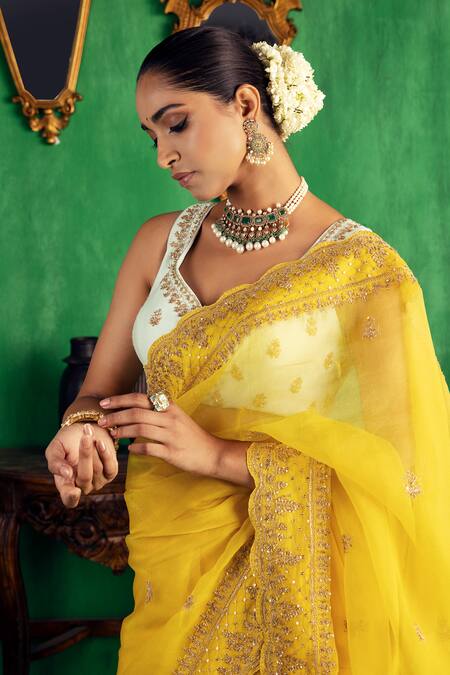 Jigar Mali_Yellow Chanderi Embroidery, Zari Sweetheart Neck Saree With Blouse _Online_at_Aza_Fashions