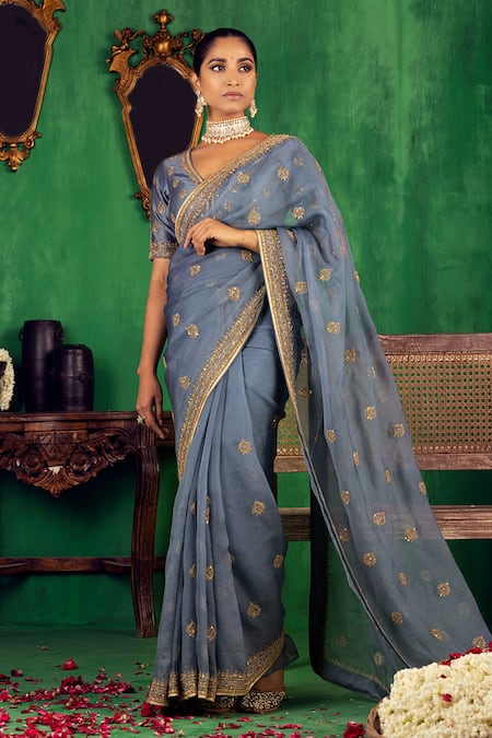 Jigar Mali Gray Chanderi Embroidery, Zari V-neck Saree And Blouse Set 