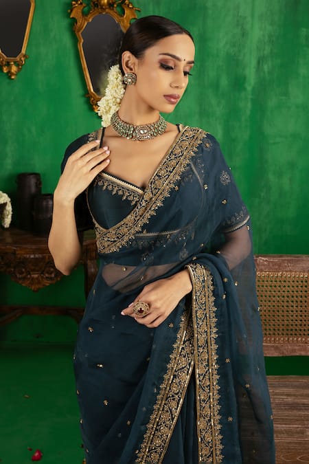 Jigar Mali Embroidered Organza Saree & Blouse Set 