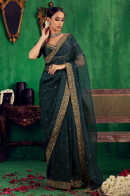Jigar Mali Green Organza Embroidery, Zari Sweetheart Neck Saree And Blouse Set 