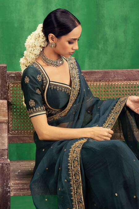 Jigar Mali_Green Organza Embroidery, Zari Sweetheart Neck Saree And Blouse Set _Online_at_Aza_Fashions